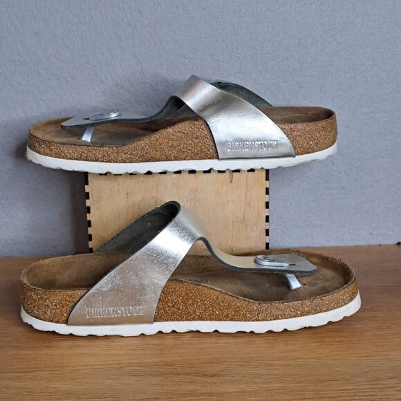 Birkenstock Gizeh Women 37 6 6.5 Silver Birko-Flor Thong Sandals Vegan Leather - Picture 6 of 11